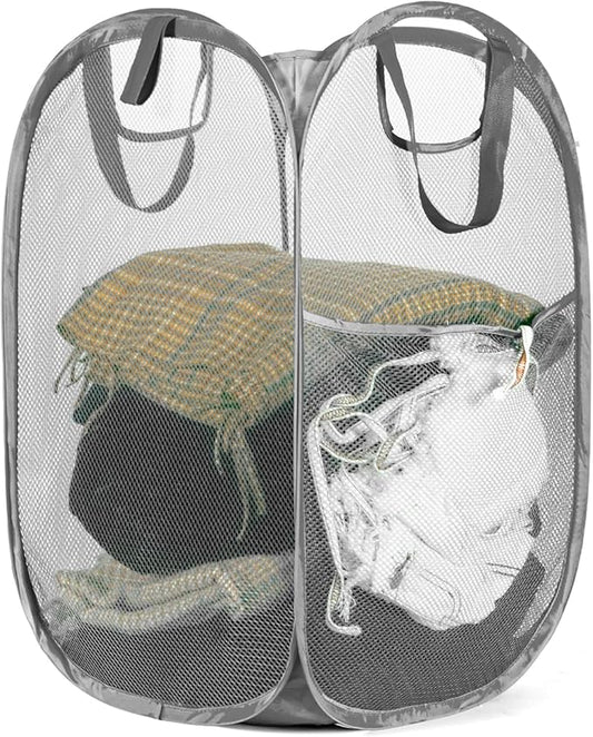 HOUSE AGAIN Mesh Popup Laundry Hamper, [Reinforced] Collapsible Laundry Basket, Foldable Pop Up Hamper with Durable Handles, Easy to Open and Fold for Dorm, Laundry Room, Bedroom, RV, (Grey）-NeatNest