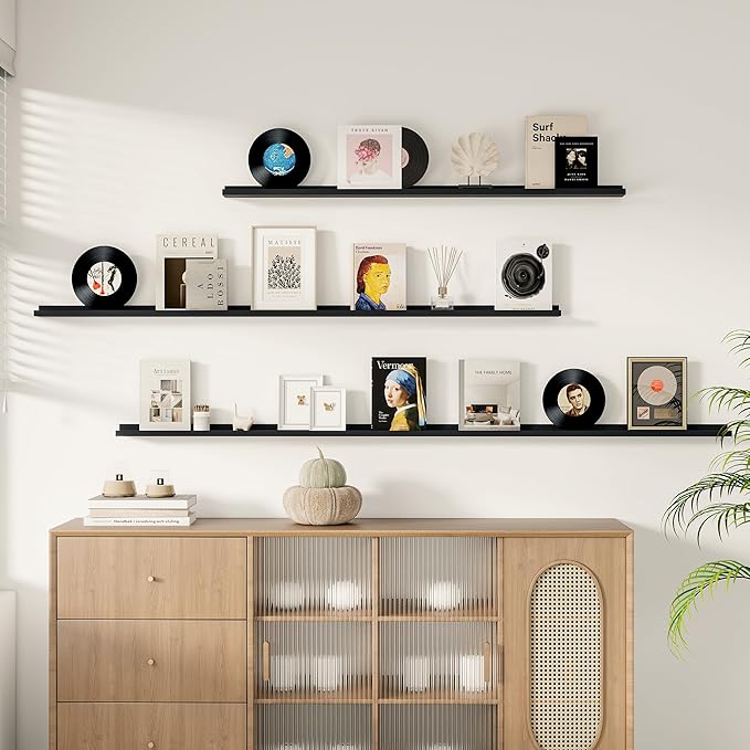 Floating Picture Ledge Shelves for Wall Set of 2, 55 Inches Picture Shelf with Ledge, Nursery Book Shelf for Toys Storage Kids Bookshelf Wall Mounted Living Room Bedroom Decor Frames, Black-NeatNest