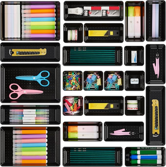 Vtopmart 25 PCS Office Desk Drawer Organizers Set, 4-Size Versatile Plastic Drawer Organizer Trays, Storage Bins for Desk Accessories Office Organizers and Storage, Bathroom, Makeup, Vanity, Black-NeatNest