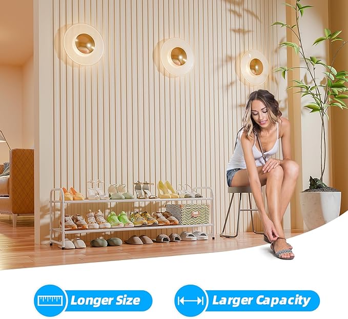 2 Tier Shoe Rack for Closet, 44 Inch Extra Long Shoe Storage Organizer for Shelves, Heavy Duty Metal, Easy Assembly, White-NeatNest