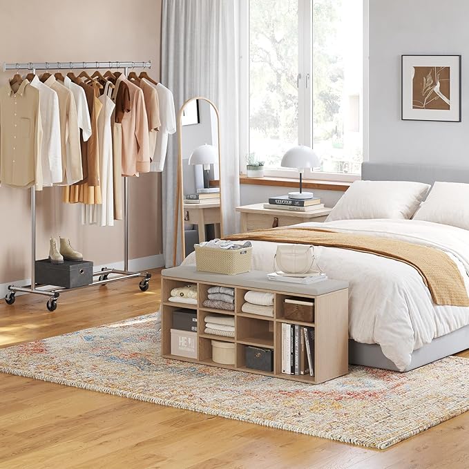 DINZI LVJ Shoe Storage Bench with Cushion, 12-Cubby Shoe Rack, Adjustable Shelves, 40.9" Long Shoe Organizer Bench for Entryway, Mudroom, Hallway, Garage, Natural and Cappuccino Beige-NeatNest