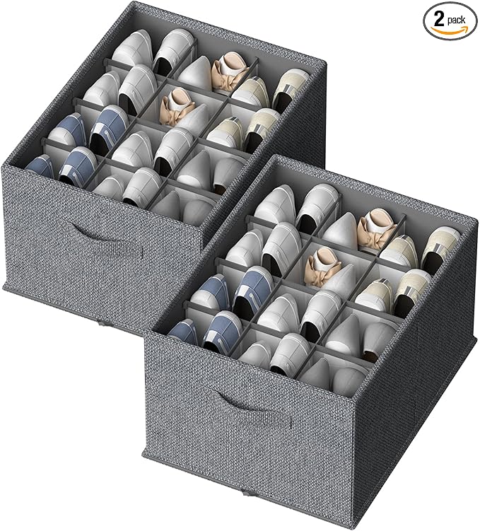 2 Pack Shoe Organizer for Closet,Foldable Shoe Organizer,Fits up to 24 Pairs,Storage Containers With Bottom Support for Shoes-NeatNest