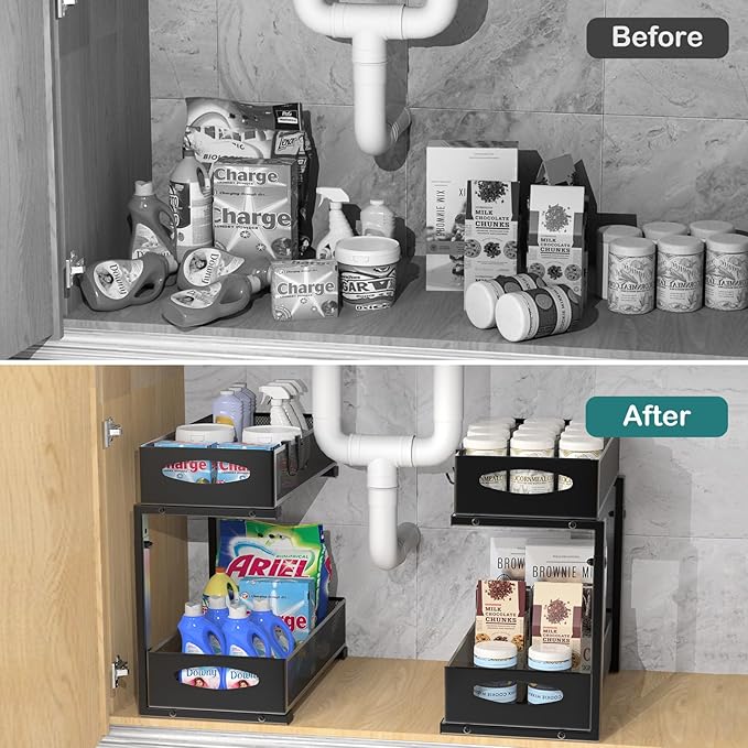 1 Pack Under Sink Organizer, 2 Tier Metal Pull Out Under Sink Storage with Sliding Mesh Drawers, Height Adjustable Slide Out Under Sink Organizer for Kitchen Bathroom Cabinet, Black-NeatNest