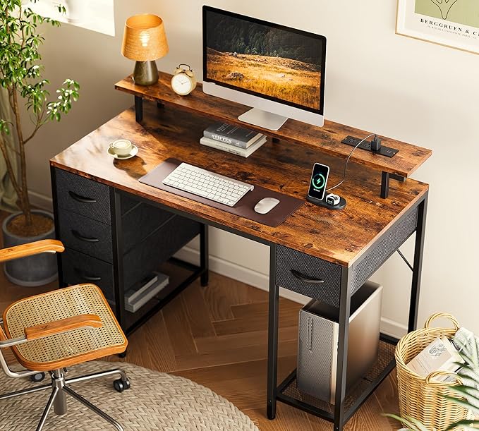 Huuger 47 inch Computer Desk with 4 Drawers, Gaming Desk with LED Lights & Power Outlets, Home Office Desk with Large Storage Space for Bedroom, Work from Home, Rustic Brown and Black-NeatNest
