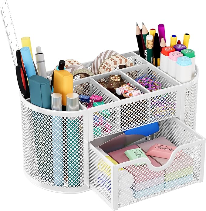 EasyPAG Mesh Desk Organizer, Multi-functional Stationery Organizer for School Supplies, Office Pen Holder for Desk, 9 Compartments Dorm Organization with Drawer, White
