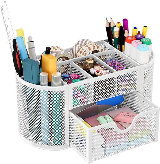 EasyPAG Mesh Desk Organizer, Multi-functional Stationery Organizer for School Supplies, Office Pen Holder for Desk, 9 Compartments Dorm Organization with Drawer, White