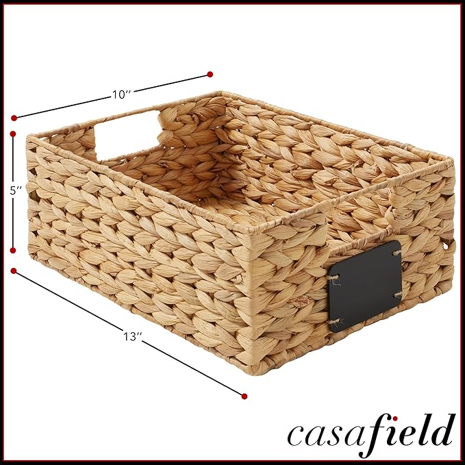 Casafield Set of 4 Water Hyacinth Pantry Baskets, 10" x 13" x 5", with Chalkboard Labels and Chalk Marker - Natural, Woven Storage Bin Organizers for Kitchen Shelves-NeatNest