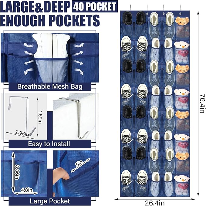Windyun 40 Large Over the Door Hanging Shoe Organizer Navy Blue Mesh Pockets Shoe Rack for Closet Behind Door Hanger Storage Holder Nonslip for Cruise Essentials, Dorm Room Storage, Utility Room-NeatNest