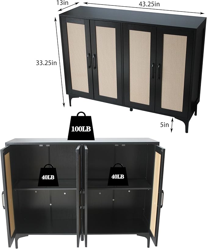 Buffet Sideboard, Side Storage Cabinet, entryway Cabinet, Buffet Sideboard with Rattan, Featuring 4 Doors and Adjustable Shelves, Suitable for Living Room (Black)-NeatNest