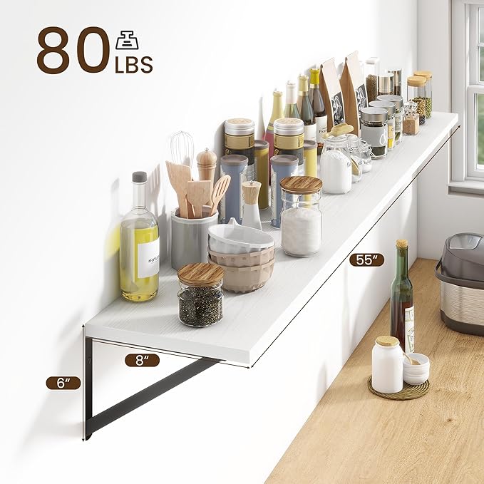 Fun Memories Deep Floating Shelves for Wall, 55W x 8D Wall Mounted Shelves Set of 2, Wide Display Ledge Shelf with Sturdy Metal Brackets for Living Room, Bathroom, Bedroom and Kitchen, White-NeatNest