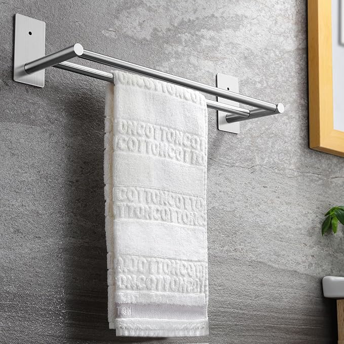 Taozun 16in Towel Holder for Bathroom, Double Towel Bar Self Adhesive or Drilling, Stick On Wall Towel Rack, SUS304 Stainless Steel