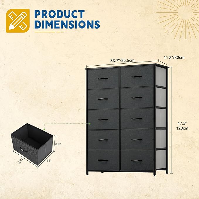 DWVO 10 Drawer Dresser - Fabric Storage Tower, Organizer Unit for Bedroom, Living Room, Hallway, Closets - Sturdy Steel Frame, Wooden Top & Easy Pull Fabric Bins-NeatNest