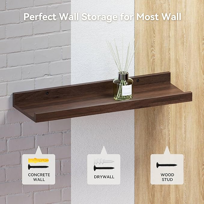23.6 Inches Long Floating Shelves Wall Mounted, 2 Set Farmhouse Wall Shelf for Bedroom, Nursery Book Shelf with Lip, Picture Ledge Shelf for Wall Decor Living Room Bathroom Kitchen- Walnut-NeatNest
