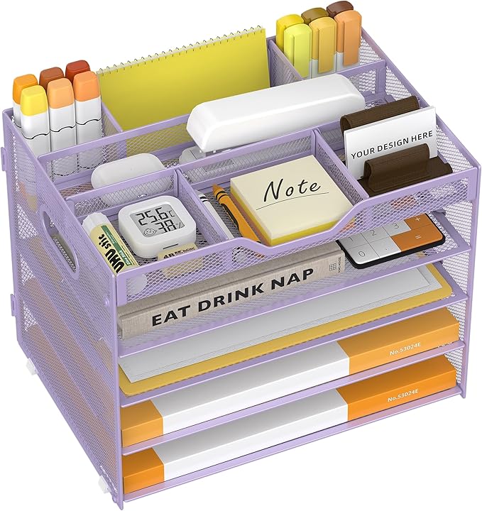 5 Tier Paper Letter Tray with 3 Drop-in Pen Holders, Mesh Desk File Organizer with Handle, Desk Organizers and Accessories for School,Home, Office Supplies Storage-Purple-NeatNest