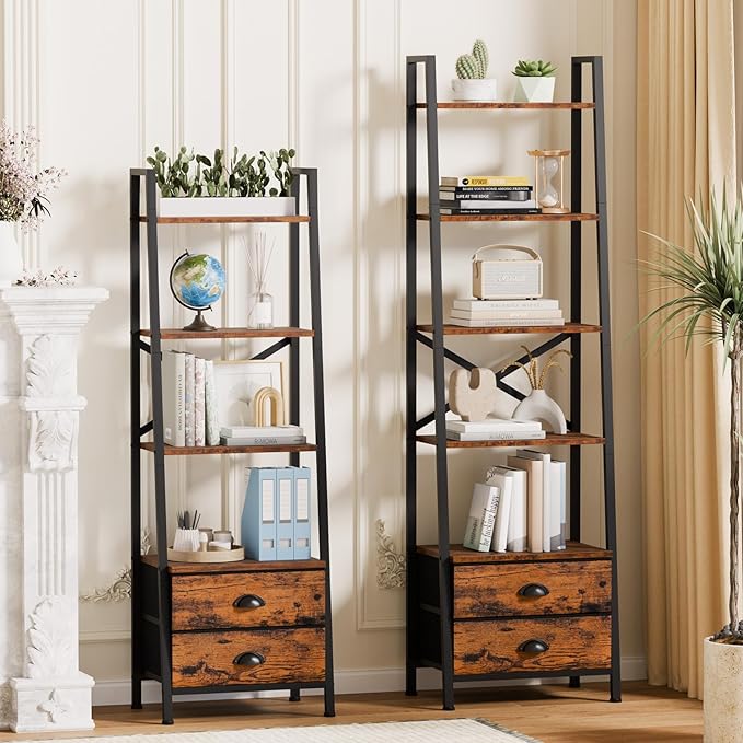 Furologee 4-Tier Ladder Shelf,Small Bookshelf with 2 Drawers,Vertical Bookcase Storage Rack Organizer,Rustic Bookshelves for Living Room,Bedroom,Bathroom,Home Office,Kitchen,Rustic Brown