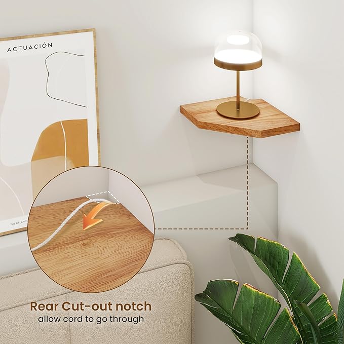 Fun Memories Corner Shelf Wall Mount Set of 2 - Solid Oak Wood Floating Corner Shelf with Cable Hole, 7in Rustic Design for Bedroom, Living Room, Kitchen (Natural)-NeatNest