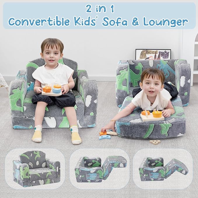 Comfy Toddler Chair and Couch for Kids with Blanket,2-in-1 Soft Plush Fold Out Toddler Couch for Girls and Boys,Convertible Sofa to Lounger for Playroom,Gray Dinosaur-NeatNest