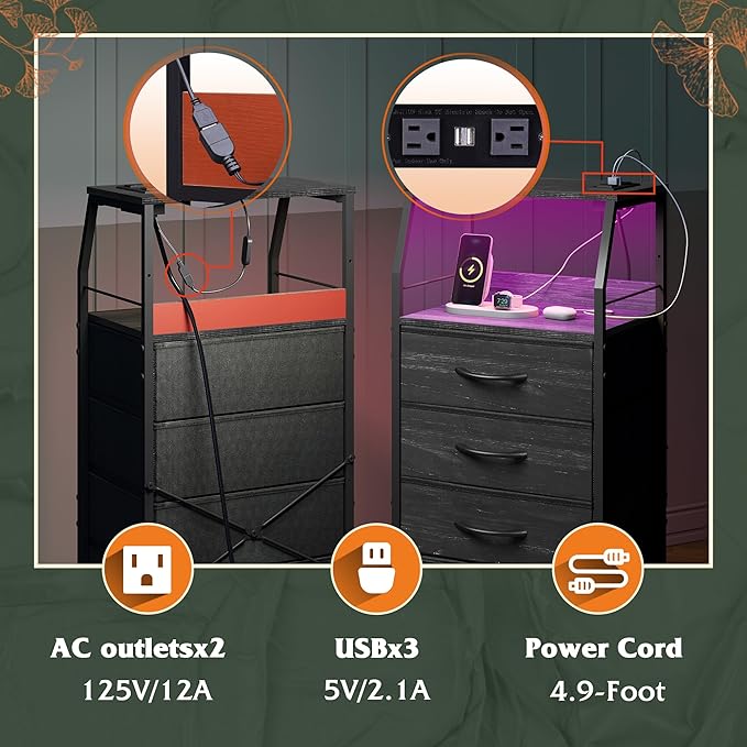WLIVE Night Stand Set of 2 with Charging Station, Nightstand with LED Light and 4 Storage Fabric Drawers, Tall Dressers for Bedroom, Bedside Tables, Wood Shelf, Metal Frame, Black and Wood Grain Print