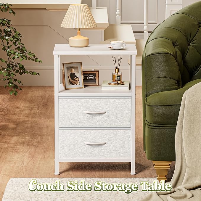 Huuger Night Stand Set of 2, Nightstand with 2 Drawers, Bed Side Table with Open Shelf, Wooden Top, End Table, PU Leather Fabric Drawer Surface, for Bedroom, White
