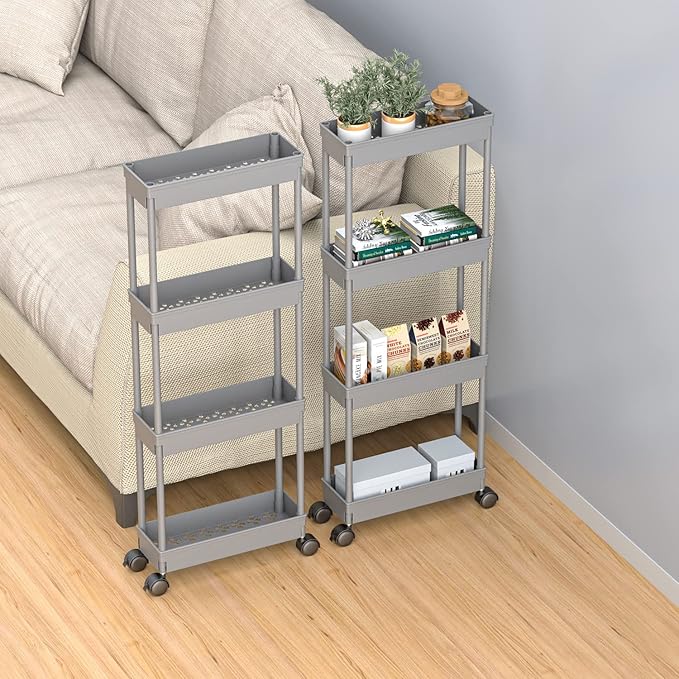 Sooyee 4 Tier Slim Storage Cart,Rolling Storage Cart,Narrow Shelf,Bathroom Rack,Mobile Shelving Unit Organizer for Kitchen, Bathroom, Laundry Room, Grey