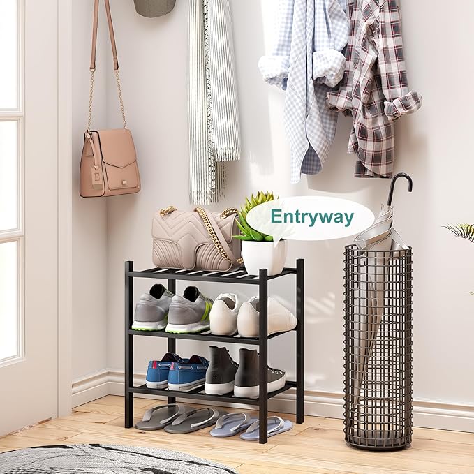 Small Shoe Rack for Entryway,3-Tier Black Bamboo Shoe Organizer for Hallway Closet, Free Standing Shoe Racks for Indoor Outdoor-NeatNest