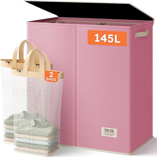 SOLEDI Large Double Laundry Hamper with Lid, Collapsible Clothes Hamper 2 section with Removable Bags, Space-Saving Laundry Basket for Bedroom, Dorm, College-NeatNest