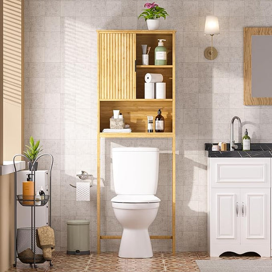 BlueWish Over The Toilet Storage Cabinet, Bamboo Over Toilet Storages with Fluted Door, Over The Toilet Cabinet Bathroom Organizer, Bathroom Shelf Over The Toilet, Storage Rack, Natural-NeatNest