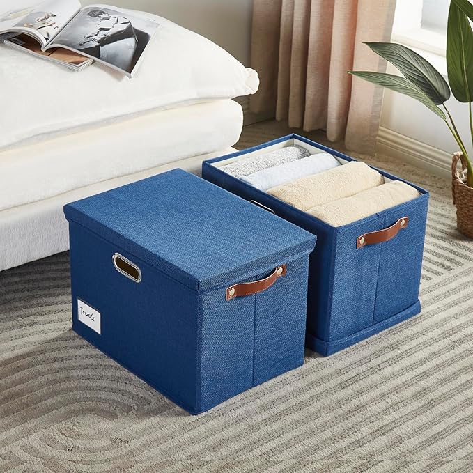 17" Large Collapsible Storage Bins with Lids, Stackable Closet Organizers with PU Handle and Labels, 3-Pack Decorative Fabric Storage Boxes for Home, Bedroom, Closet, Office, Nursery(Navy)-NeatNest
