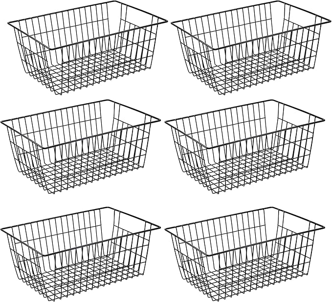 iPEGTOP Wire Storage Freezer Baskets, Set of 6 Large 15.4" Farmhouse Organizer Storage Bins Fridge Basket Rack with Handles for Kitchen Cabinets, Pantry, Office, Bathroom Organization - Black