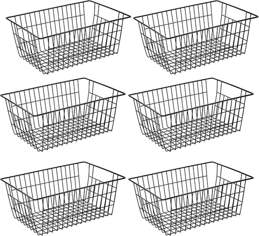 iPEGTOP Wire Storage Freezer Baskets, Set of 6 Large 15.4" Farmhouse Organizer Storage Bins Fridge Basket Rack with Handles for Kitchen Cabinets, Pantry, Office, Bathroom Organization - Black