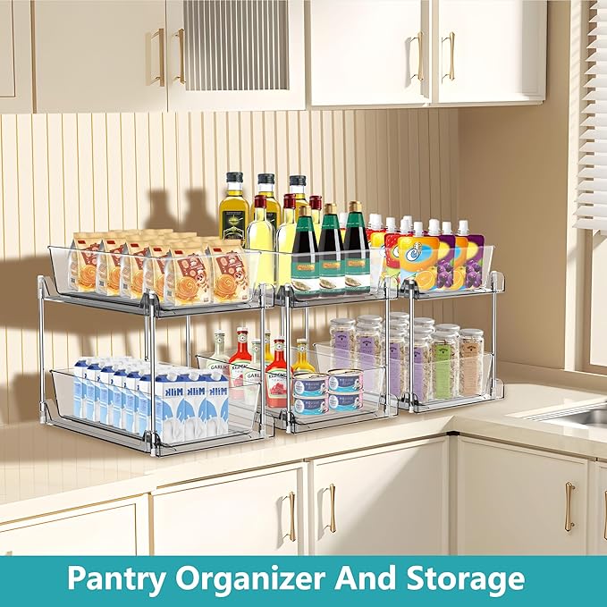 2 Pack Clear Under Sink Organizers, Pull Out Cabinet Organizer,2 Tier Bathroom Storage Organizer,Cabinet Drawers Organization Bins with Track for Kitchen,Pantry,Fridge,Vanity