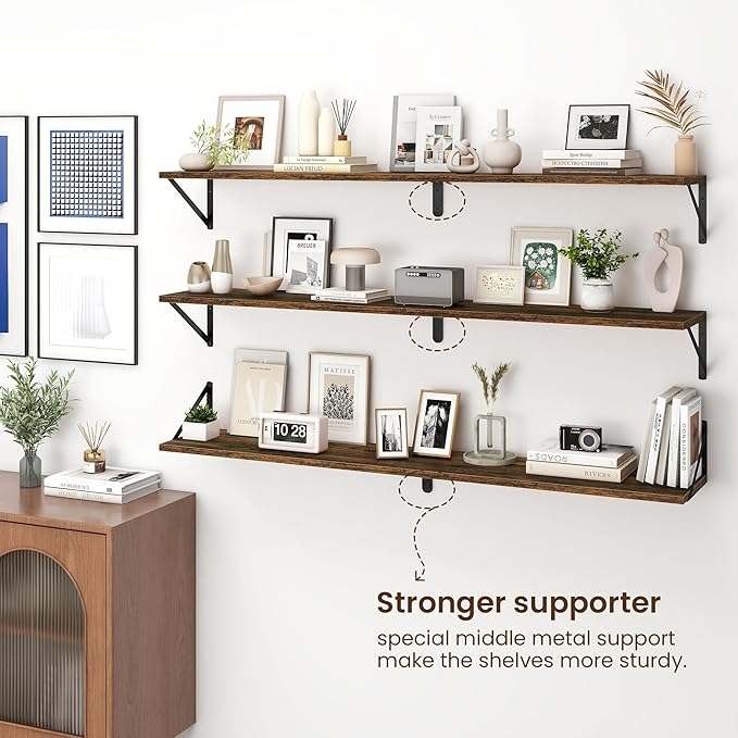 Fun Memories Deep Floating Shelves for Wall, 55W x 8D Wall Mounted Shelves Set of 2, Wide Display Ledge Shelf with Sturdy Metal Brackets for Living Room, Bathroom, Bedroom and Kitchen, Rustic Brown-NeatNest
