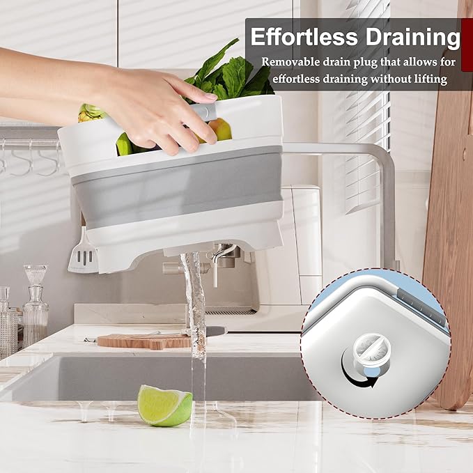 2.4 Gal Collapsbile Wash Basin with Drian Plug,9L Dish Pan for Soaking Baby Bottles,Portable Sink, Multiuse Foldable Bucket,Ice Beverage Tubs for Camping, Vegetable Washing, RV (Gray)-NeatNest