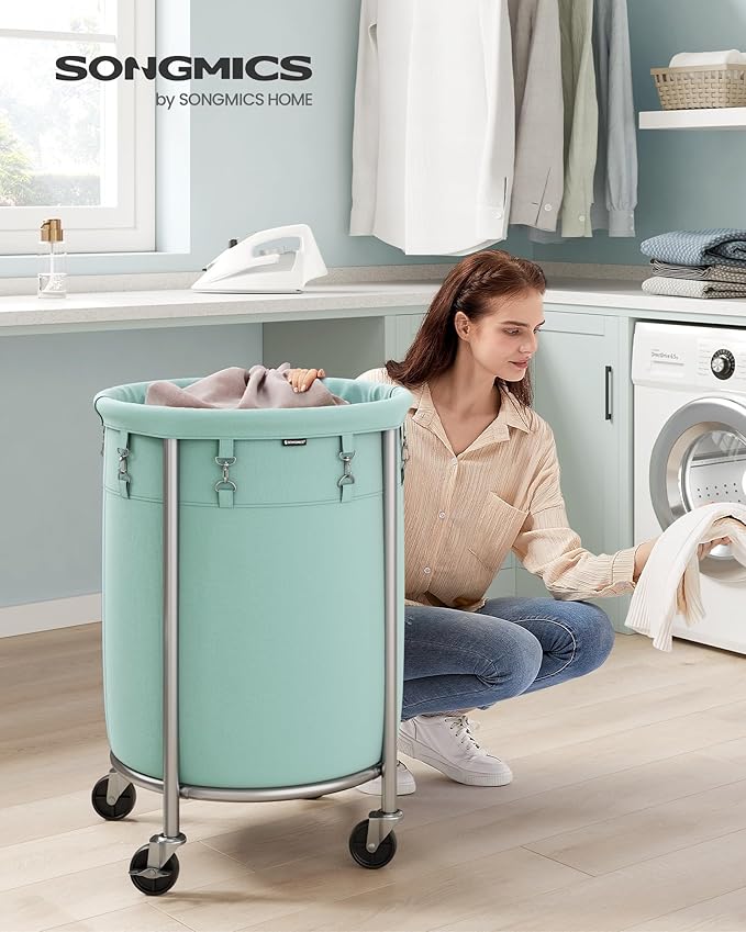 SONGMICS Laundry Basket with Casters, Rolling Laundry Hamper, 29 Gal., Round Laundry Cart with Steel Frame and Removable Bag, 4 Casters and 2 Brakes, Mint Green and Metallic Silver URLS002C01