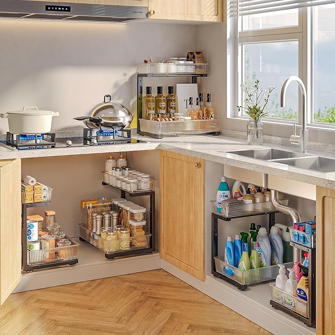 2 Pack Under Sink Organizer, 2-Tier Pull Out Cabinet Organizer, Elegant Acrylic Under Sink Storage Shelf for Kitchen Bathroom Cabinet, L-Shaped Adjustable Height for Maximum Space Efficiency-Black-NeatNest