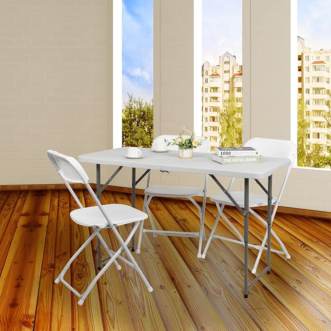 Generic 4ft Portable Folding Table, Plastic Table w/ 4 Adjustable Heights, Indoor Outdoor Heavy Duty Fold-in-Half Utility Table w/Carry Handle 300LBS, White-NeatNest
