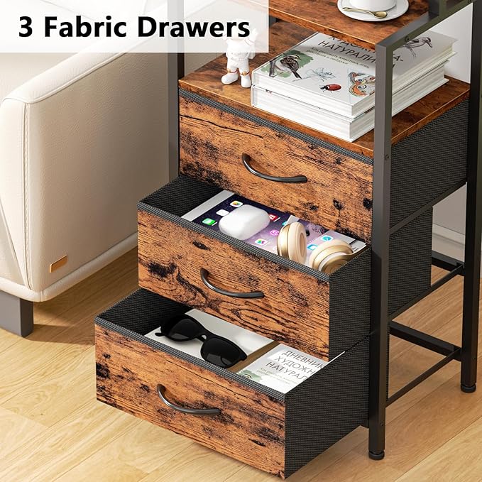Furnulem Night Stand, Tall Nightstand with 4-Tier Shelves and 3 Fabric Drawers, LED Bed Side Tables with Charging Station, Bedside Table for Bedroom, Hallway, Office, Rustic Brown