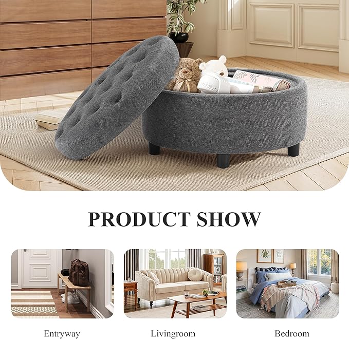COLAMY Fabric Round Storage Ottoman with Reversible Tray Lid – Multi-Functional Footrest, Hidden Storage, Sturdy & Stylish Small Coffee Table for Living Room, Bedroom, or Entryway(Dark Grey)-NeatNest