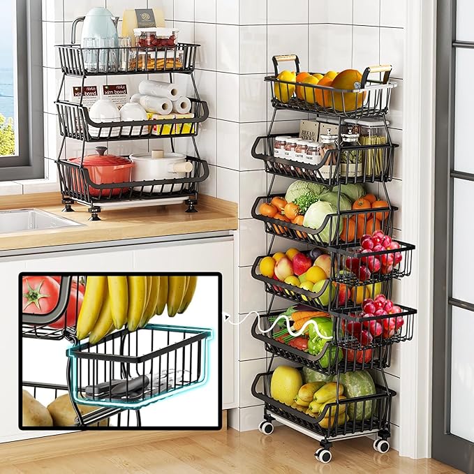 MURRI&MURRDI 6 Tier Stackable Wire Storage Baskets with Wheels, Black, Kitchen Fruit Vegetable Storage Cart