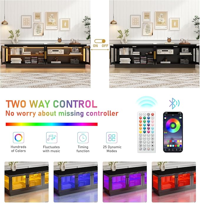 71IN LED TV Stand for 85/80/75inch TV,High Glossy Modern Black TV Stands for Living Room,Gaming Entertainment Center with Storage Cabinet,RGB LED(Black)-NeatNest