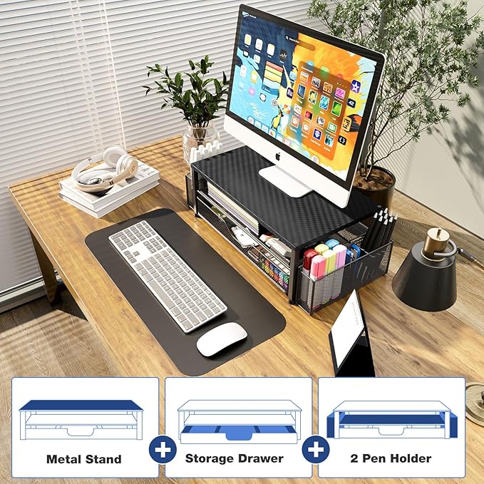 Desk Organizers and Accessories, 2-Tier Computer Monitor Stand Riser with Drawer and 2 Pen Holders, Laptop Stand, Office Desk Accessories for Office Supplies, Carbon Fiber