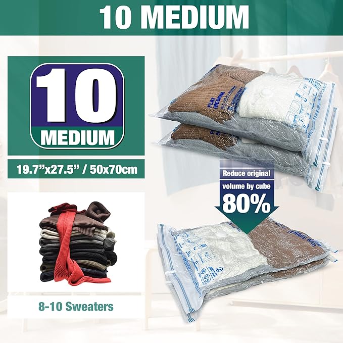 Vacuum Storage Bags, 10 Medium Space Saver Vacuum Seal Bags, Space Bags, Vacuum Sealer Bags for Clothes with Travel Hand Pump (10M)-NeatNest