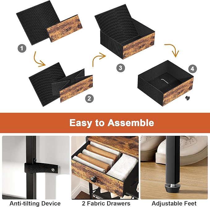 Shoe Rack, 5 Tier Shoe Organizer with 3 Drawers, Metal Shoe Storage for 24-30 Pairs of Shoes with Fabric Shelves and Wooden Top, Narrow Shoe Shelf for Closet Entryway Rustic Brown-NeatNest