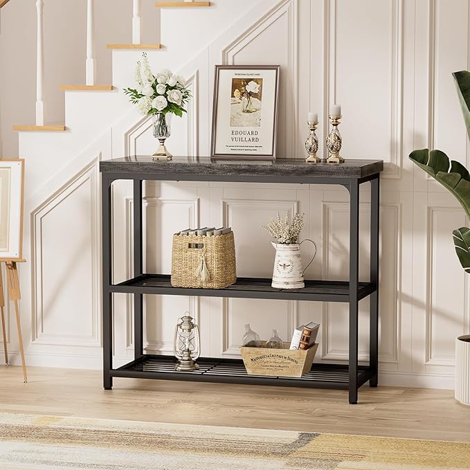 32" Small Console Table, 3-Tier Entryway Table, Sofa Table with Mesh Shelves, Console Tables for Living Room, Bedroom, Hallway, Entryway, Foyer, Grey-NeatNest