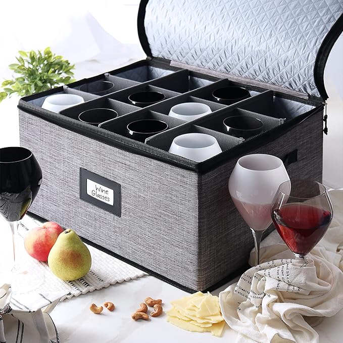 Hearth & Harbor Wine Glass Storage Box with Dividers, Quilted and Stackable Stemware Storage Cases, Service of 12 Glass China Container Hard Shell for Moving and Organization, Grey-NeatNest