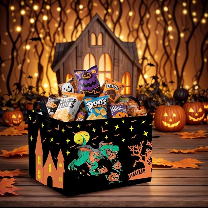 Halloween Basket Gift Cute Pumpkin Ghost Parties Decor Kid Trick or Treat Basket for Boys and Girls Rectangular Storage Bin Box (Dinosaur)-NeatNest
