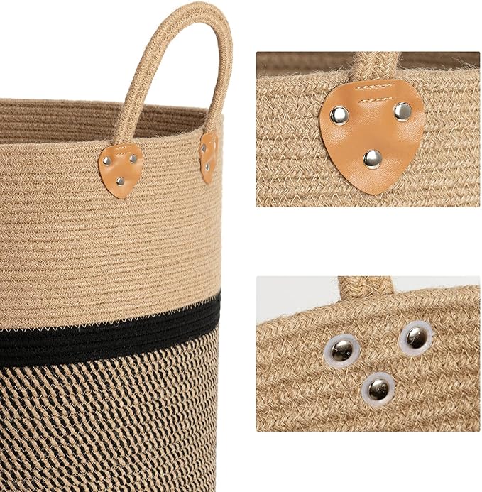 CHICVITA Extra Large Jute Woven Storage Basket with Handles – Laundry Basket Toy Towels Blanket Basket Home Decor Gift, 16" x 16", Black-NeatNest