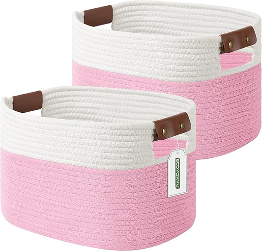 Cotton Rope Basket , Storage Baskets with Handle, 15x10x9 Inch Woven Basket for Shelves, Laundry, Towels, Clothes, Books, Toys (White/Pink 2Pack)-NeatNest