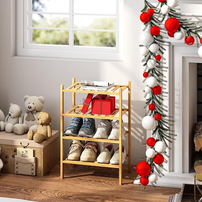 Small Shoe Rack, 4-Tier Bamboo Stackable Shoe Shelf Storage Organizer, Shoe Stand for Closet, Entryway and Hallway-NeatNest