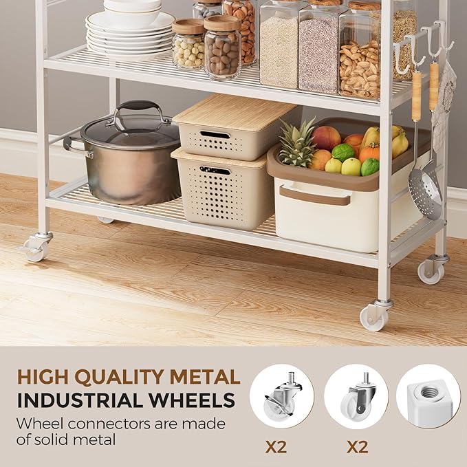 3-Tier Metal Storage Rack with Industrial Wheels,Mesh Shelving Unit with Wooden Table top,Adjustable Shelf,31.5-Inch Width, for Kitchen, Laundry,Pantry,Plant,Oak panel and white frame